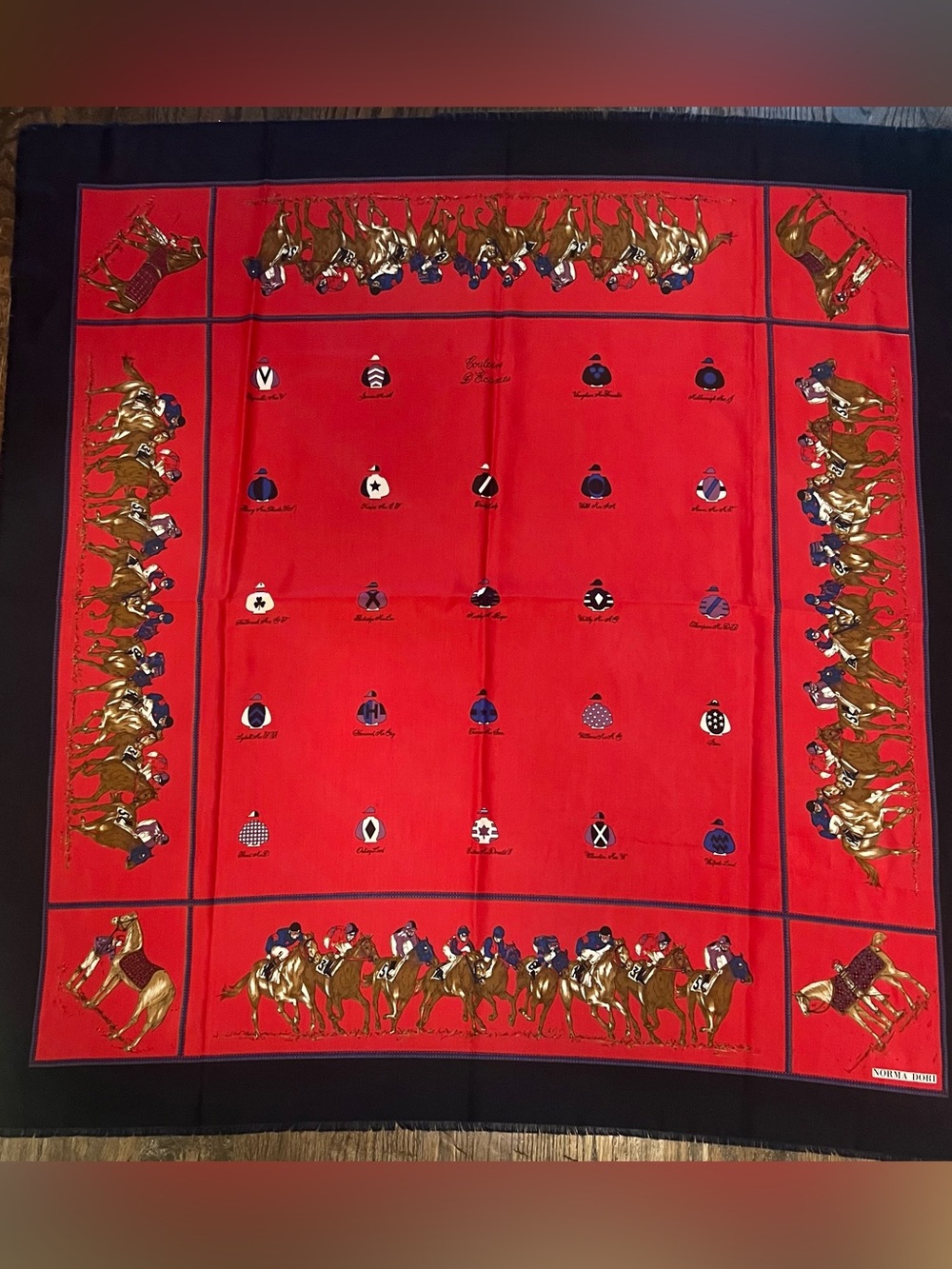 Norma Dori Equestrian Silk Blend Scarf Shawl Red Horse Racing Fringe
